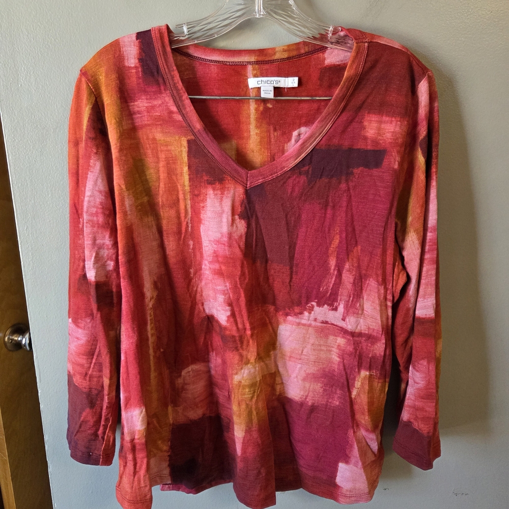 Chico's Red and Pink Long Sleeve V-Neck Top
